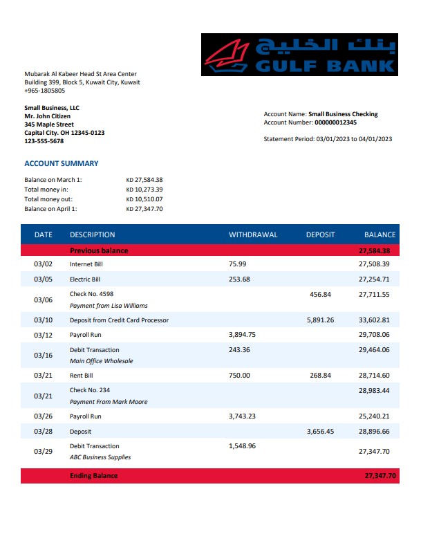 Modèle Word et PDF de relevé de compte d'entreprise de Gulf Bank
